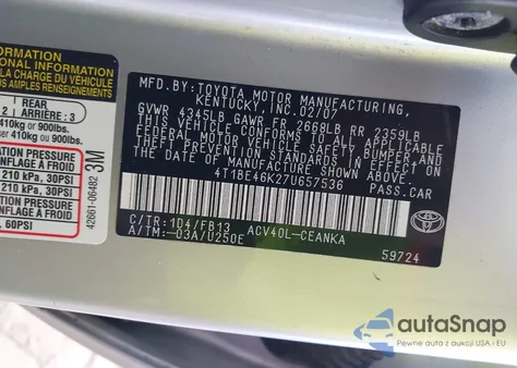 2007 Toyota Camry Le from USA, damaged, VIN 4T1BE46K27U657536